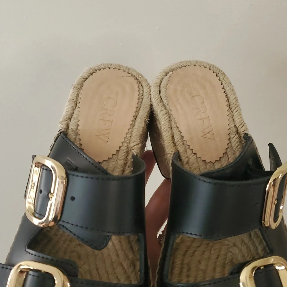 J. Crew Black Leather Block Heel Espadrille Sandals Size 8 Gold Buckle Womens
